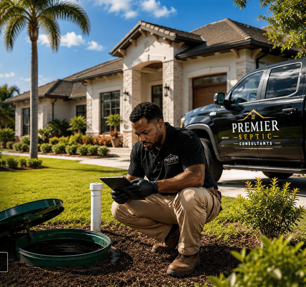 Premier Septic Consultants technician inspecting a septic tank at a Florida home, with the company truck parked in the driveway.
